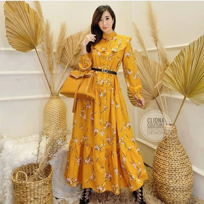 Jual Cliona Couture Maxi Dress Yellow Flowers Premium Import M