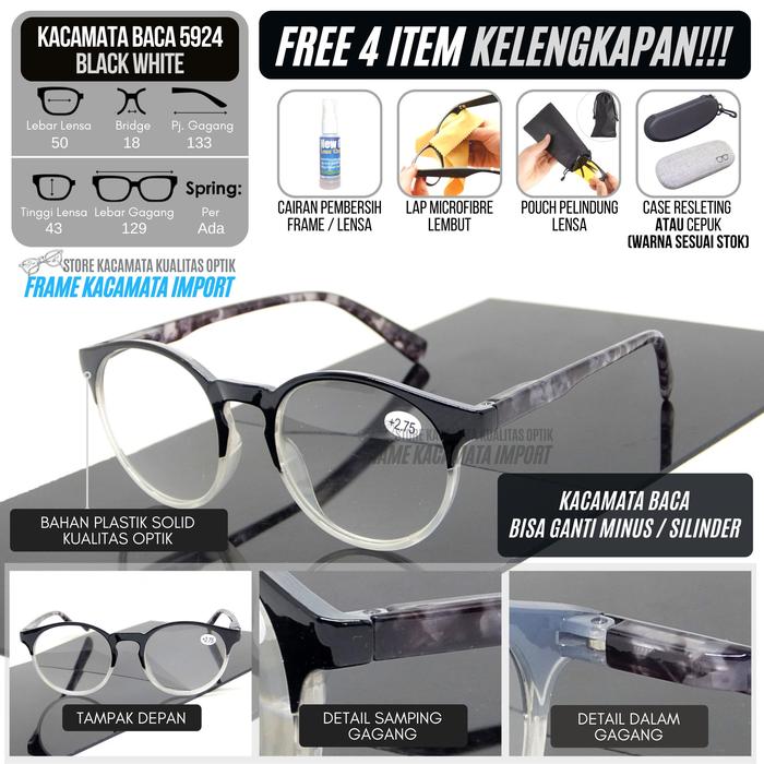 Gambar Kacamata Baca Plus Oval Pria Wanita +100 Sampai +300 Usia 40 sd 60 - Plus +100, Black White dari Frame Kacamata Import_NEW undefined Tokopedia