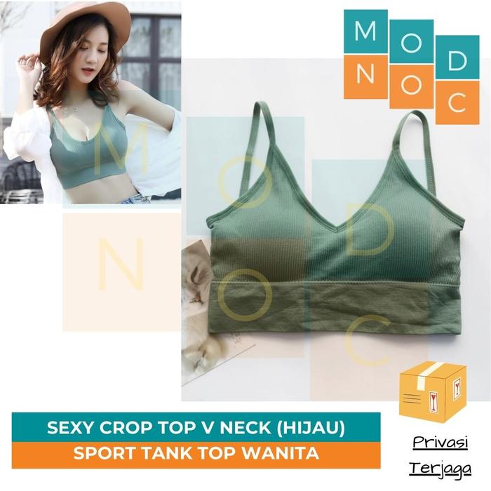 Gambar Sport Gym Bra Tank Crop Top Wanita V Nek Tanpa Kawat Lembut Backless - Hijau dari Modnoc Store undefined Tokopedia
