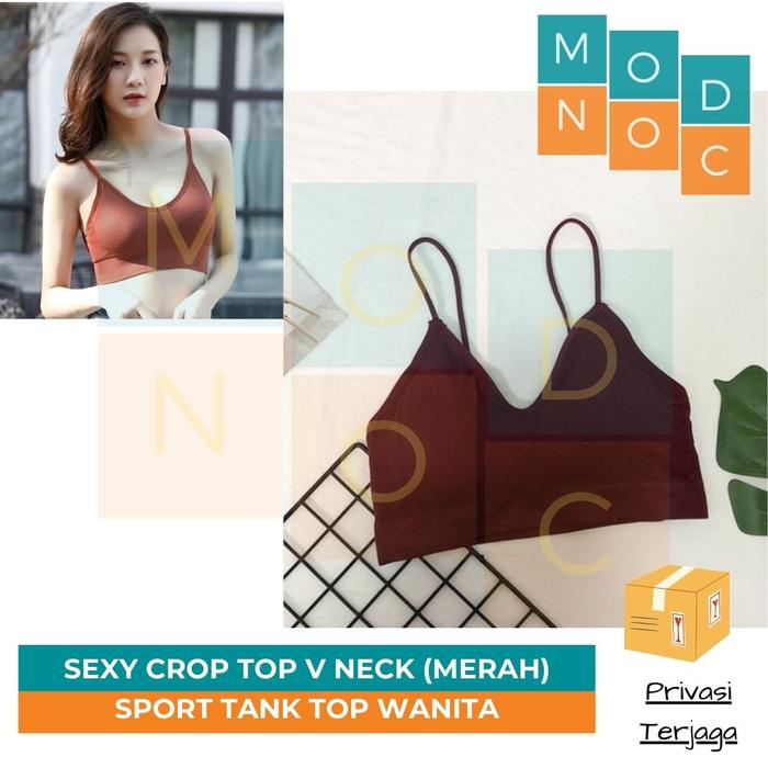 Gambar Sport Gym Bra Tank Crop Top Wanita V Nek Tanpa Kawat Lembut Backless - Merah dari Modnoc Store undefined Tokopedia