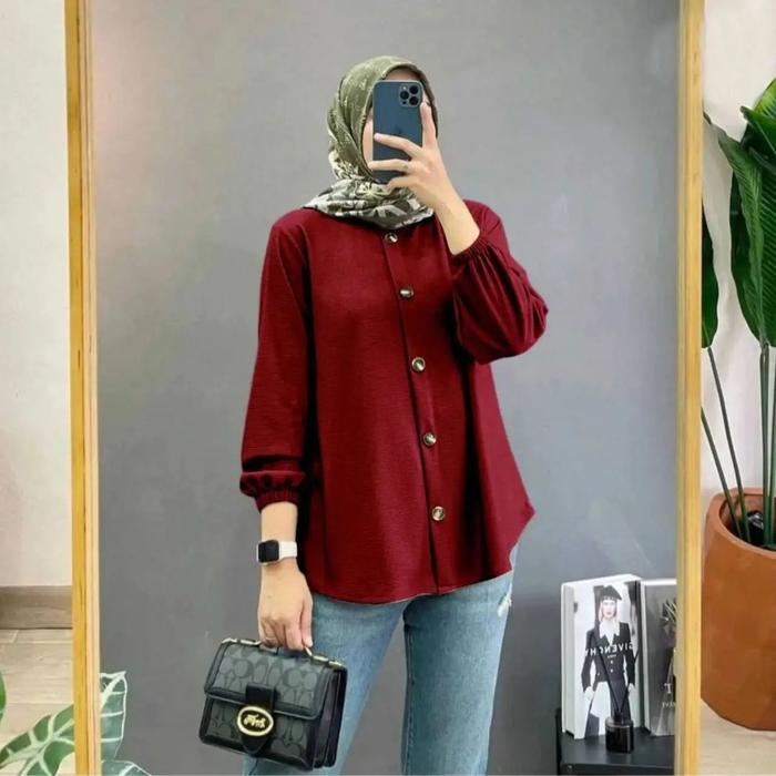 Gambar Kemeja Wanita Lengan Panjang Polos Crinkle Kemeja devanka Shirt - marun, XL dari TOF Store_NEW undefined Tokopedia