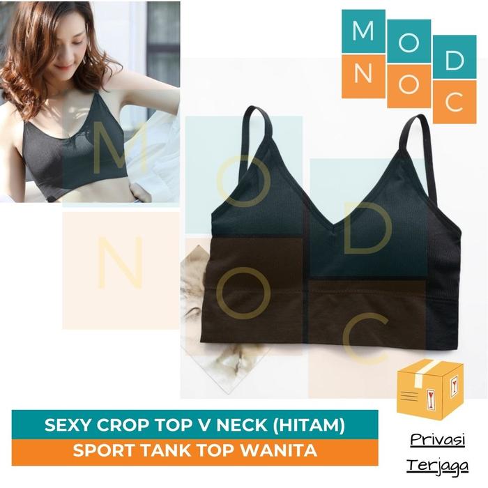 Gambar Sport Gym Bra Tank Crop Top Wanita V Nek Tanpa Kawat Lembut Backless - Hitam dari Modnoc Store undefined Tokopedia