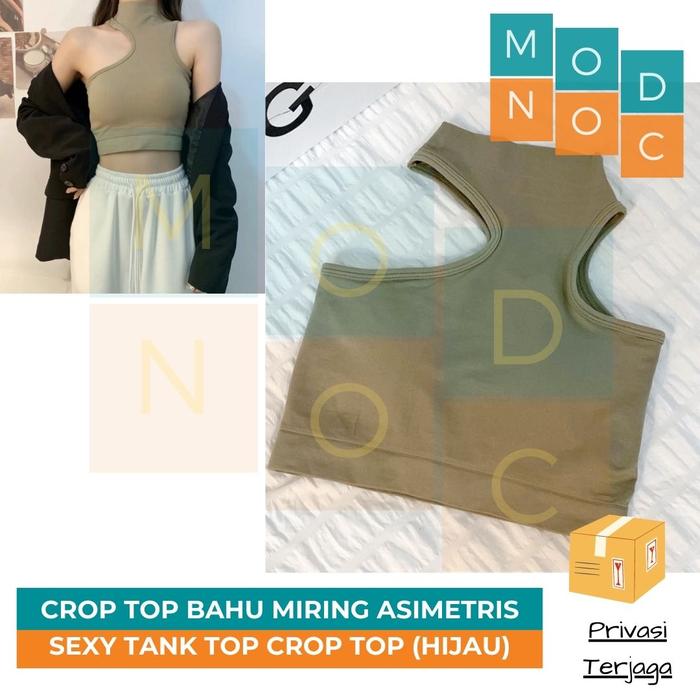 Gambar Sexy Elegan Tank Top Bahu Miring Asimetris Model Korea Leher Tinggi - Hijau dari Modnoc Store undefined Tokopedia