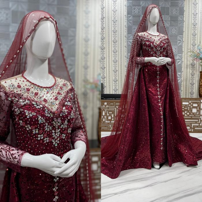 Gambar gaun pengantin full sequeen - maroon, All Size dari griya Qmade kebaya undefined Tokopedia