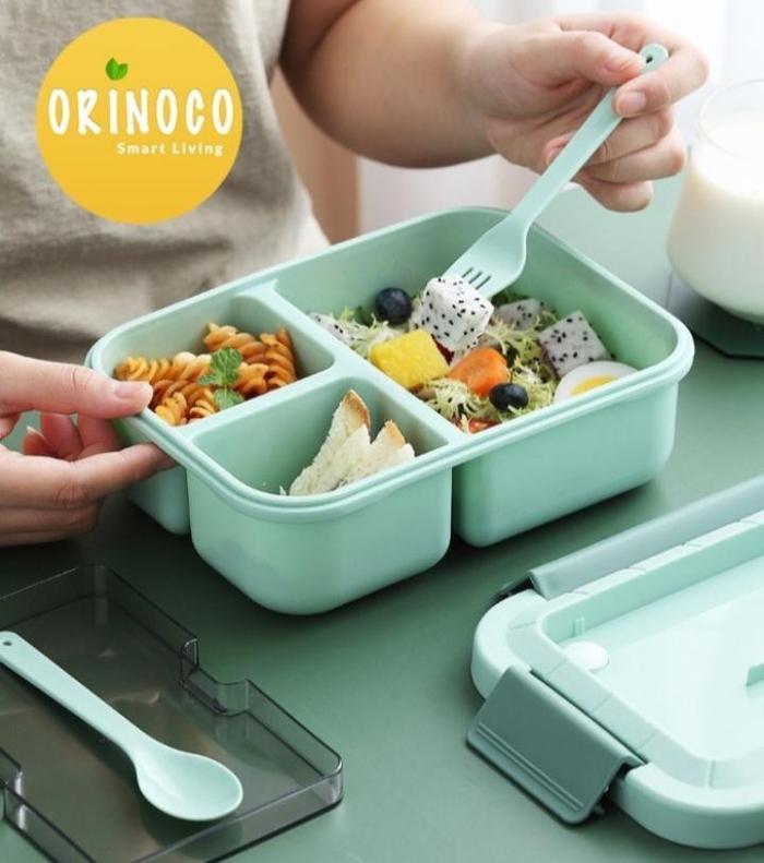 Gambar Lunchbox ORINOCO 0224 Sekat 3 free sendok garbu anti tumpah - Bpa free - Hijau dari Kioslunchbox_Grosir undefined Tokopedia