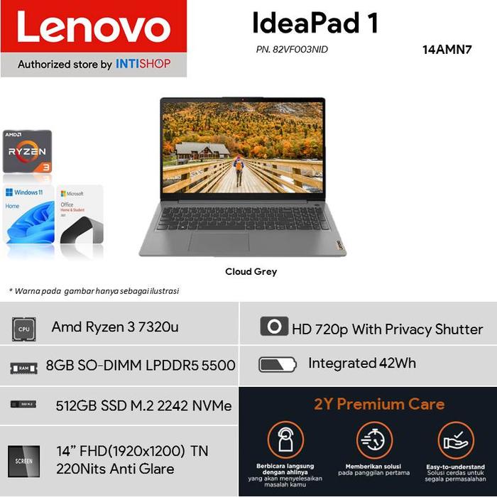 Gambar Lenovo Ideapad 1 AMD Ryzen 3 7320U 8GB DDR5 512GB SSD WIN 11 Home +OHS - Cloud Grey dari IntiShop Official Store undefined Tokopedia