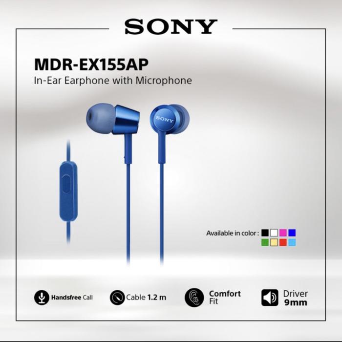 Gambar Sony MDR EX155AP In Ear Earphone with microphone Handsfree MDR-EX155AP Earbuds Headphone - Biru dari Click & Go Tokopedia undefined Tokopedia