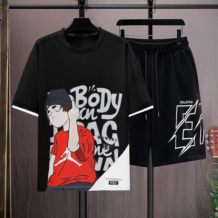 Gambar Stelan Kaos Pria Celana Pendek One Set Cowok Body Premium Fashion - Hitam, S/M dari queenlabell undefined Tokopedia