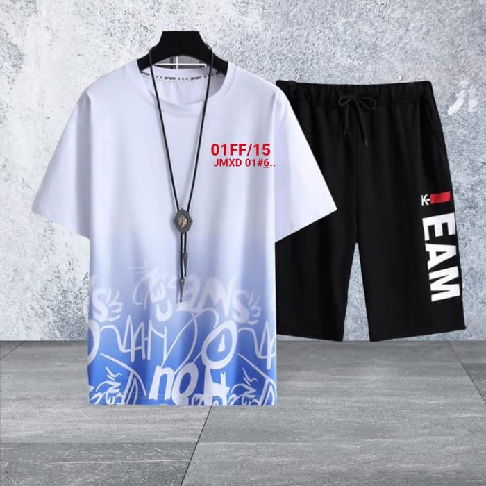 Gambar Satu Stell Kaos Pria Setelan Baju Cowok Eam Dan Celana Pendek Santai - Putih benhur dari queenlabell undefined Tokopedia