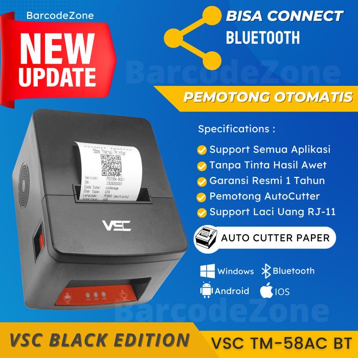 Gambar PRINTER THERMAL VSC TM-58AC AUTOCUTTER 58MM INTERFACE USB - BLUETOOTH - Hitam dari Barcode Zone undefined Tokopedia