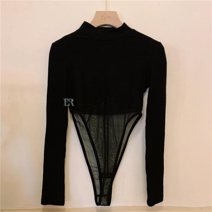 Gambar LNR Shop Jumpsuit Mesh Pathed Sexy Women Bodysuit Long Sleeve Spring Summer S-XL Kaus Kaos Jala Jaring Hitam Transparant Seksi Berkerah Lengan Panjang CD Celana Dalam Lingerie Korean Look Tembus Pandang Bolong - Hitam, M dari LNR Shop_NEW undefined Tokopedia