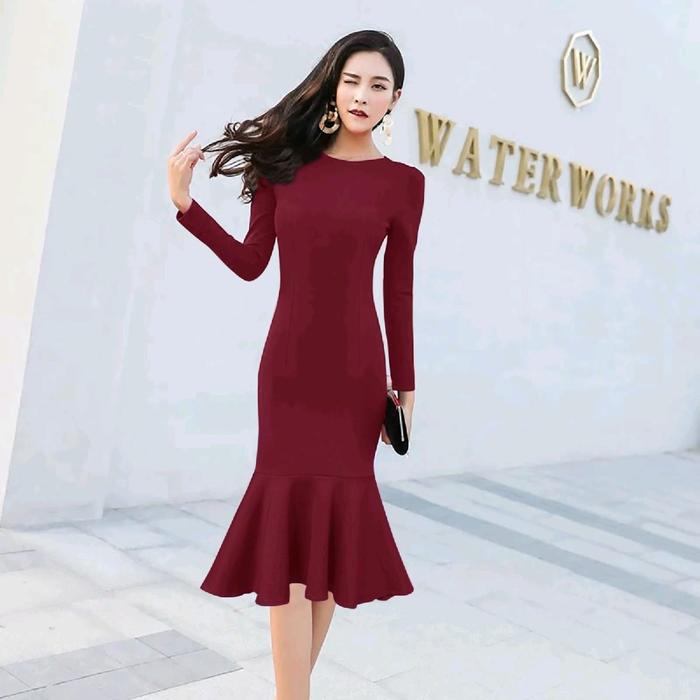 Gambar LooWear Dress Midi Lengan Panjang Gaun Pesta Model Duyung Premium New - Maroon, all size dari LooWear undefined Tokopedia
