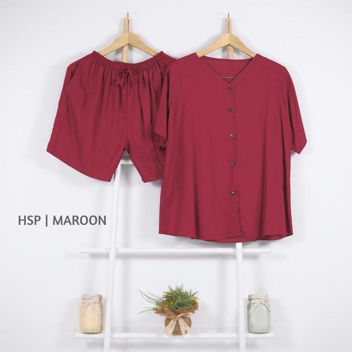 Gambar Piyama Pendek Kancing Rayon - Maroon dari Halona Official Shop undefined Tokopedia