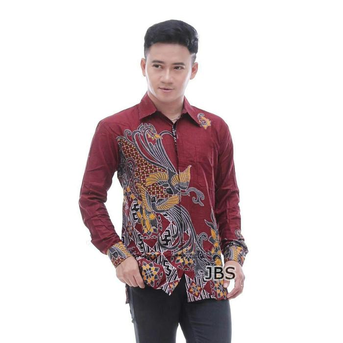 Gambar Kemeja batik cowok lengan panjang, M-5L Batik Pekalongan - Kenari Merah, L: LD 108cm dari Batikauliya undefined Tokopedia