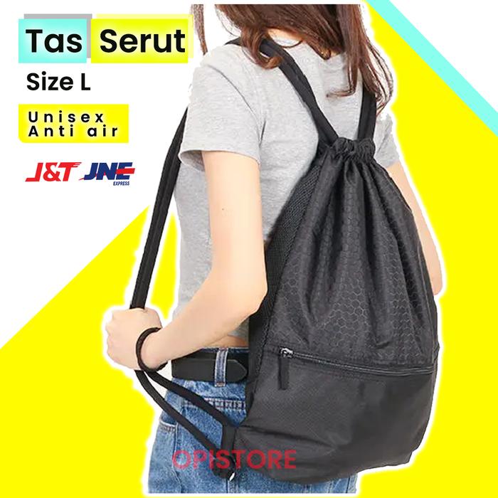 Gambar TAS SERUT OLAHRAGA WANITA/ PRIA DRAWSTRING BACKPACK SIZE L - BLACK dari opistore,id undefined Tokopedia