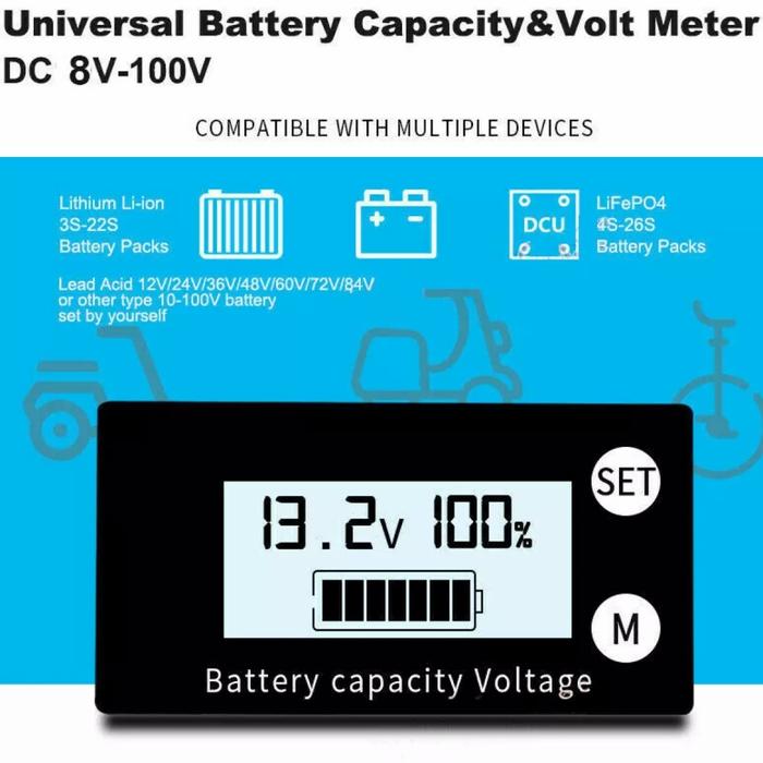Volt Meter Universal Battery Capacity DC 8V-100V Kompatibel dengan Berbagai Perangkat Kapasitas Baterai & Voltmeter DC 8-100V