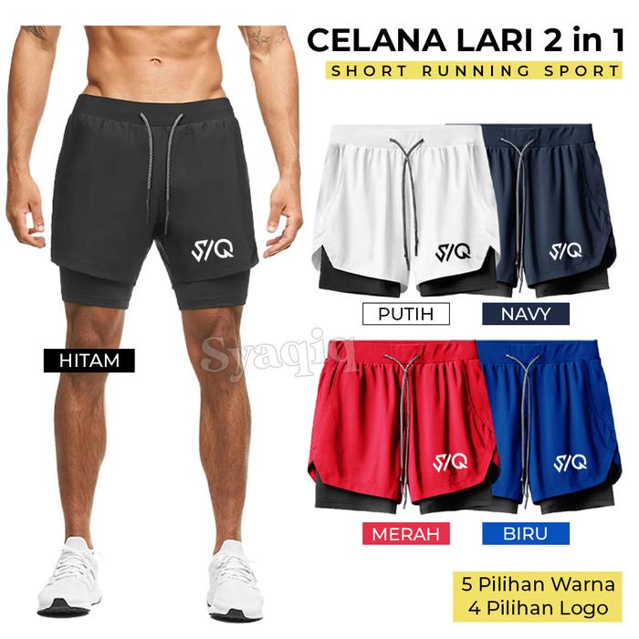 Gambar CELANA LARI PRIA 2 IN 1  SHORTS OLAHRAGA RUNNING JOGGING LARI - Syq, Hitam dari Syaqiq undefined Tokopedia