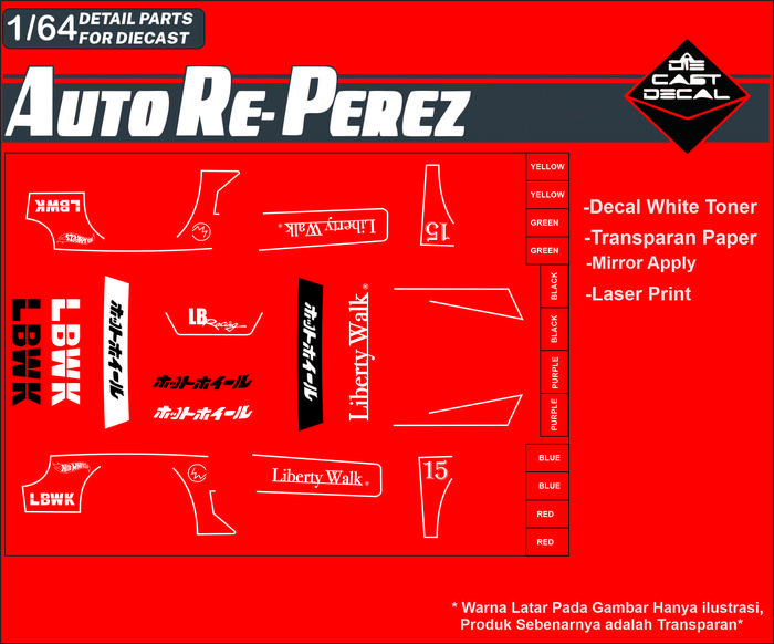 Decalcomanie JC-9405 Per Scivolo Toner Bianco/rosso – Scala 1:64, Per Hot Wheels LBWK