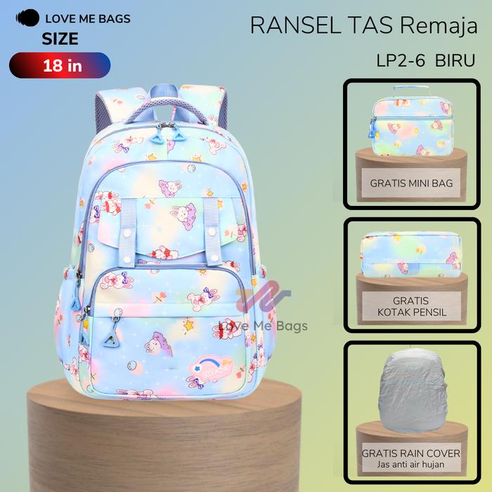 Gambar Tas Sekolah Anak Perempuan SD SMP Remaja LMB Bahan Nilon Tebal Halus - LP2-6 BIRU+RC dari Love Me Bags undefined Tokopedia