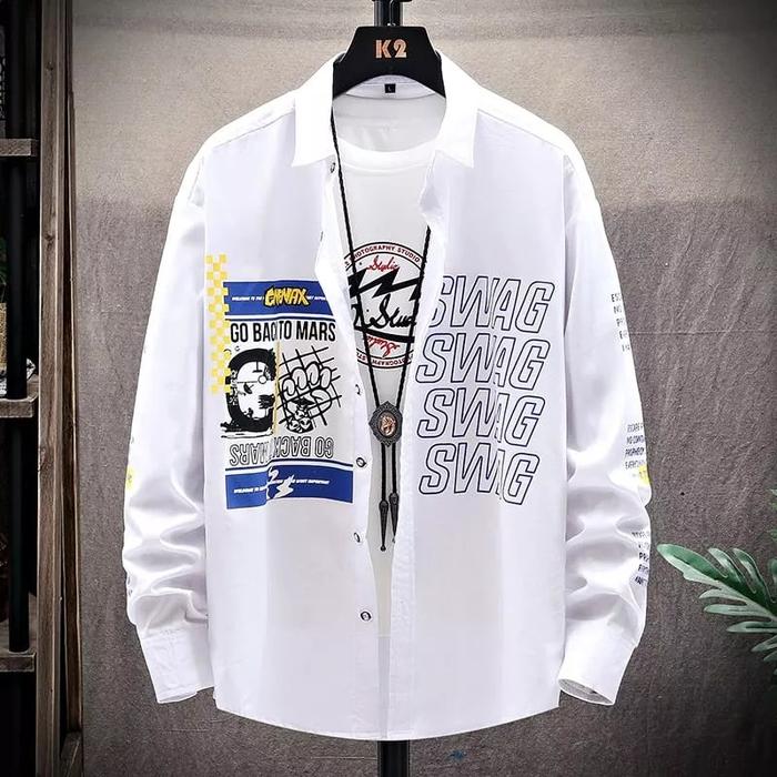 Gambar KEMEJA BAJU PRIA LENGAN PANJANG KEREN GENK MOTOR KOREA KAOS COWOK BARU - Putih, XXL dari Toko Ganteng & Cantik undefined Tokopedia