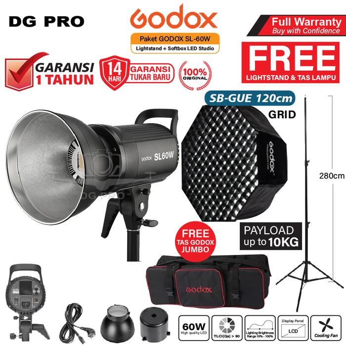Paket GODOX SL-60W / SL60W / SL60 W - Lighstand + Softbox - LED Studio - SBGUE 120+STAND, TANPA TAS