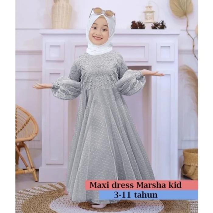 Gambar Dress Gaun Baju Pesta Gamis Marsha, Fashion Muslim Anak Perempuan Navy - Abu-abu, S dari D&B Distro undefined Tokopedia