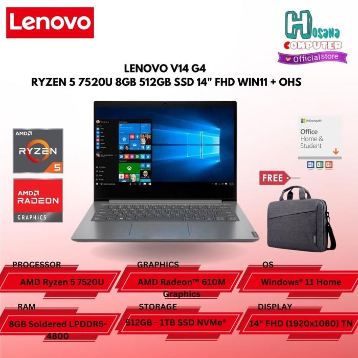 Jual LAPTOP LENOVO V14 G4 - AMD RYZEN 5 7520U 8GB 512GB SSD 14