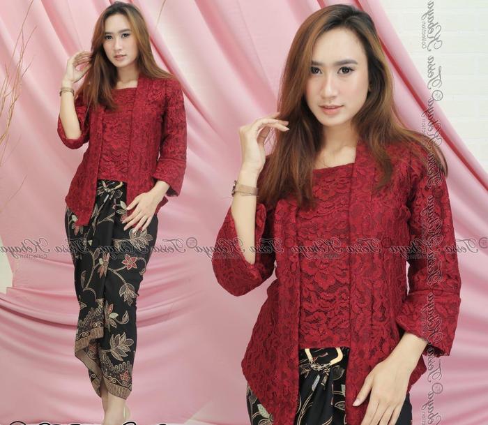Gambar Setelan Kebaya Modern Brukat Kutubaru / Kutubaru Brokat Maroon - SET MAROON dari Batik Kebaya Modern undefined Tokopedia
