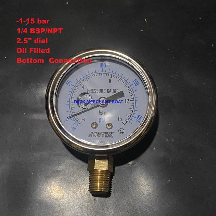 Jual Pressure Gauge 1 to 15 bar. 2.5" Drat 1/4 BSP/NPT Bottom