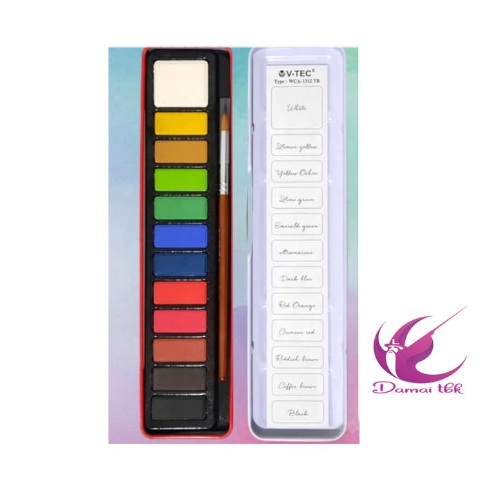 Gambar Cat Air / Watercolour V-tec + Kuas Kemasan Kaleng / Tin Case - 12 Warna dari damai-tbk undefined Tokopedia