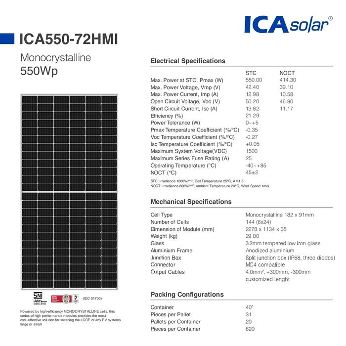 ICA Solar Panel Surya ICAsolar 550Wp TKDN SNI Monocrystalline Half Cell MBB 550Wp 21.29% Efisiensi Tinggi Garansi