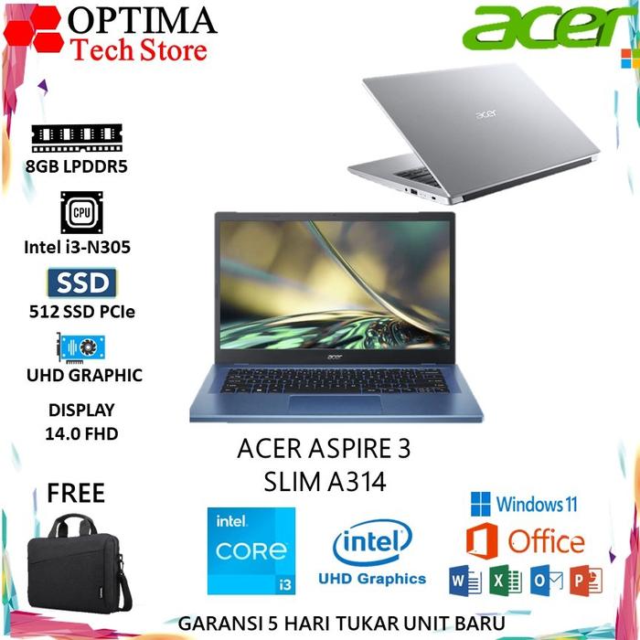 Gambar Acer aspire 3 slim A314 Core i3-N305 Ram 8GB 512SSD 14.0 FHD  W11 - Unit Only, 8/256GB dari Optima Tech undefined Tokopedia