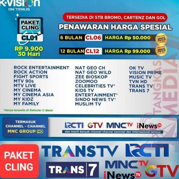 Gambar Paket Cling K-Vision Aktifkan Trans Tv Trans 7 & Mnc Group (Rcti Mnctv - 1 Bulan dari Tok-tok hara undefined Tokopedia