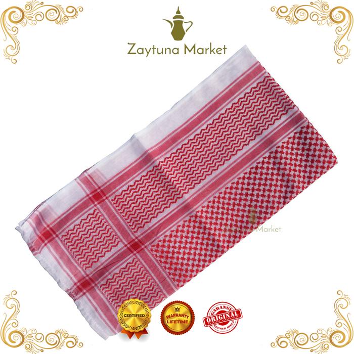 Gambar Sorban Arafat Katun Putih - Hitam Keffiyeh Palestina Ukuran 120x120 cm - Merah - Putih dari Zaytuna Market undefined Tokopedia