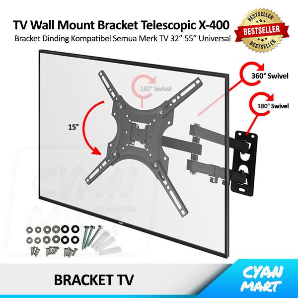 Gambar Bracket TV 17 32 42 inch Led LCD Wall TV Mount Swivel Telescopic - X400 - HITAM dari CyanMart undefined Tokopedia