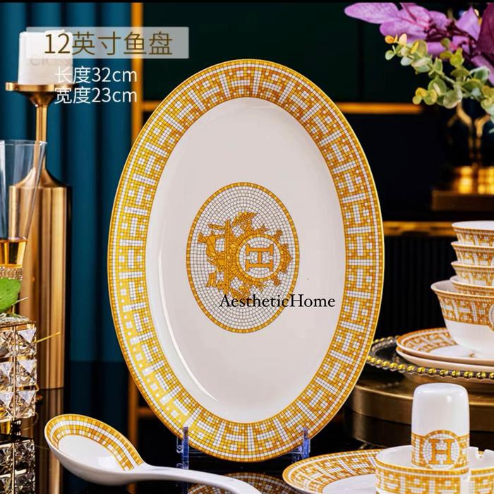 Gambar Piring Makan Keramik Ceper Hermes Satuan - Plate Oval 12" dari AestheticHome.Id undefined Tokopedia