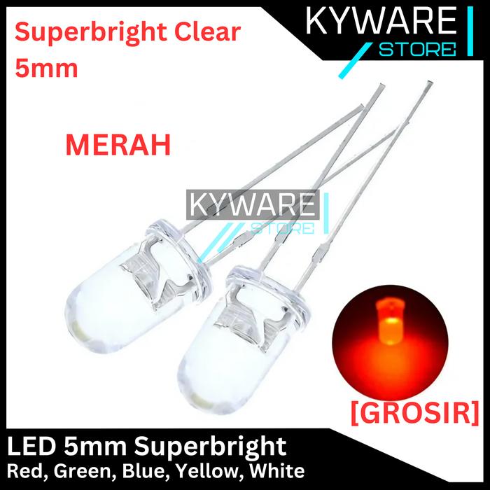 Gambar LED 5mm Super Bright Clear Lampu Merah Kuning Hijau Biru Putih Bening - Merah dari Kyware undefined Tokopedia