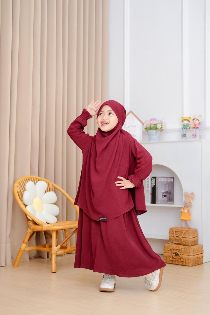 Gambar Gamis Anak  French Khimar,Hasnah Set,Usia 1-12 Tahun,Cringkle ,Adem - Maroon, XL(8-10 Tahun)  dari Hasnah Muslim Store undefined Tokopedia