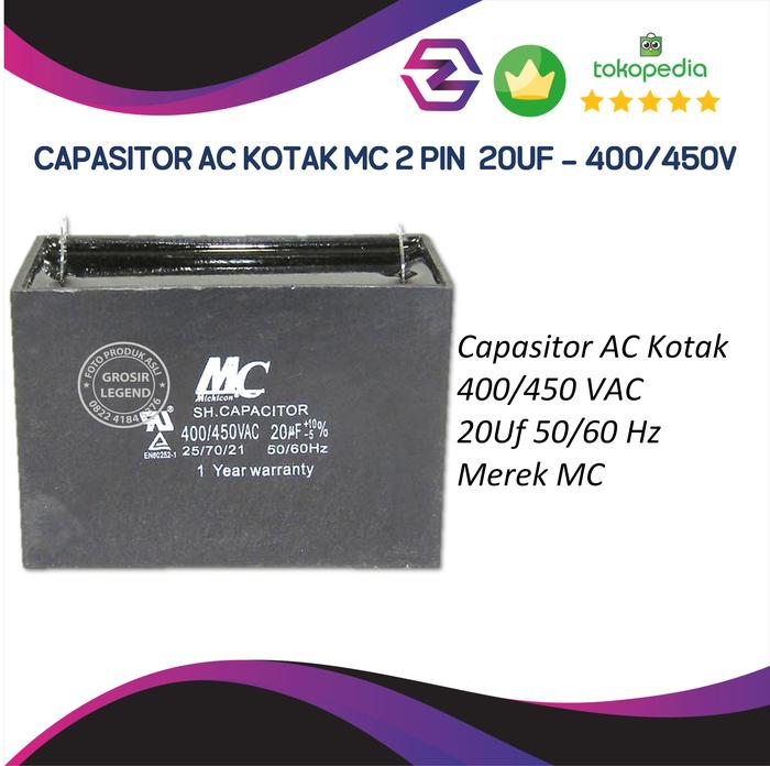 Jual kapasitor kotak 2 pin capacitor ac 450volt 450v 450vac 450 vac MC ...