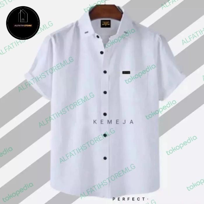 Gambar Kemeja Hitam Lengan Pendek Slim fit Kemeja Pria Kemeja Formal - Putih, M dari ALFATIHSTOREMLG undefined Tokopedia