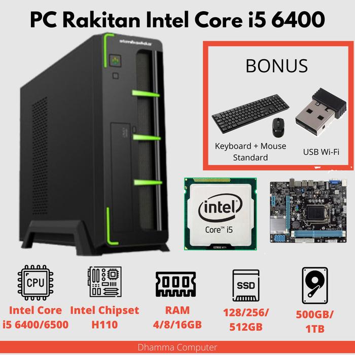PAKET CPU MINI PC RAKITAN Slim Komputer Kantor Intel Core i5 6400 DDR4  RAM 4GB, SSD 256+HD 500