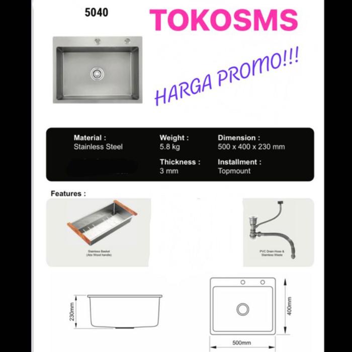 Gambar bak cuci piring 1 lubang 50 x 40 bowl kitchen sink bcp STAINLESS / HITAM 5040 - STAINLESS dari Tokosms undefined Tokopedia