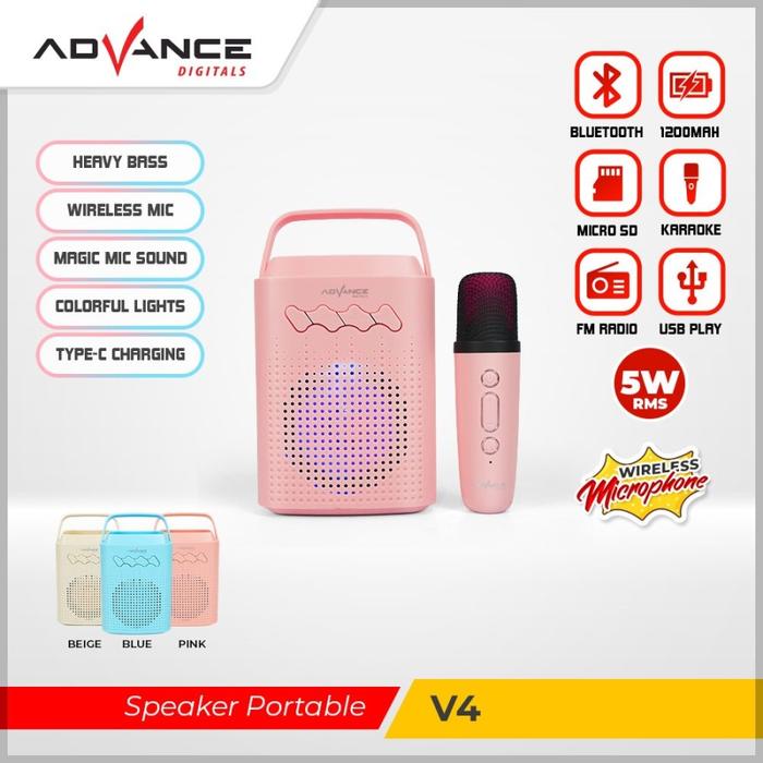 Gambar Speaker Portable Advance V4/V-4 Bluetooth Free 1 Mic Wireless - Pink dari Advance Digitals Bandung undefined Tokopedia