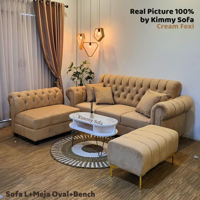 Gambar Sofa L Classic Kancing Kimmy Sofa Chesterfield Madona Bludru Minimalis - Vegas Cream, Sofa L + MjOval dari KIMMY SOFA undefined Tokopedia