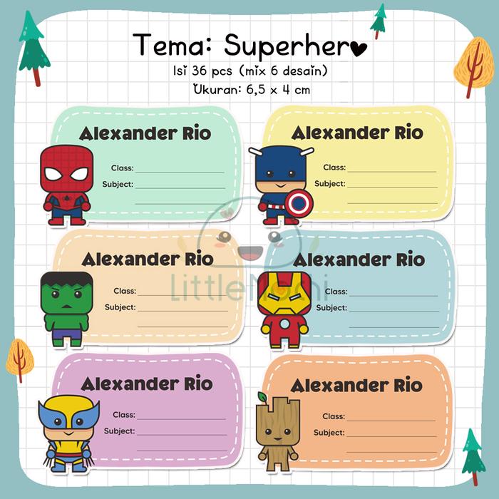 Gambar Sticker Nama Anak Buku Sekolah Custom / Sticker Mata Pelajaran Anak - Superhero dari Little Mochi undefined Tokopedia
