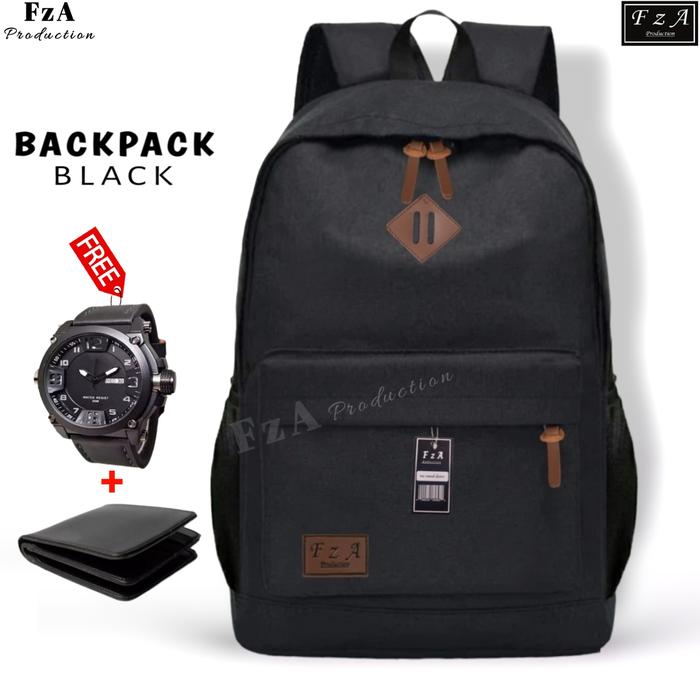 Gambar FzA Production Tas Ransel Distro Original Casual Pria Wanita A1 - Hitam dengan Water Repellent & Sekat Laptop 14 Inch - Bonus Jam Tangan & Dompet - Black + dari FzA Official undefined Tokopedia