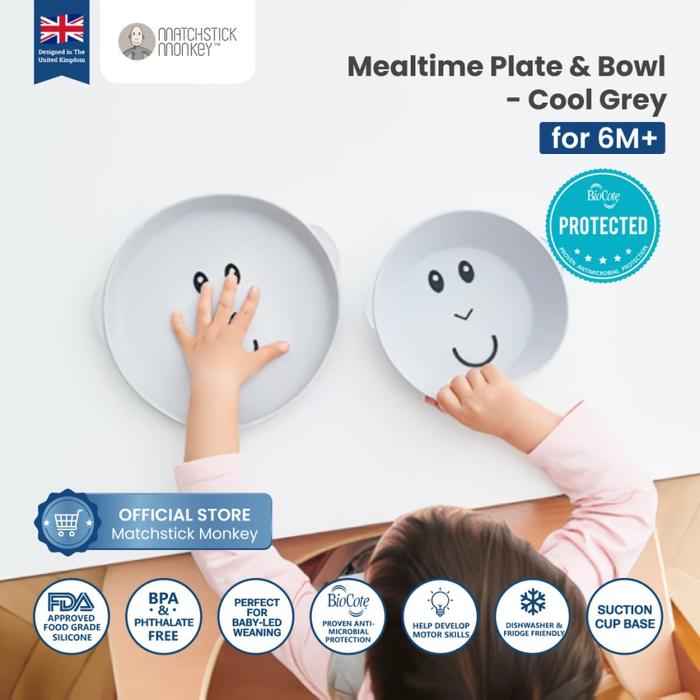 Gambar Matchstick Monkey Mealtime Plate & Bowl - Piring & Mangkok Makan Anak - Cool Grey dari Baby Wise BSD undefined Tokopedia