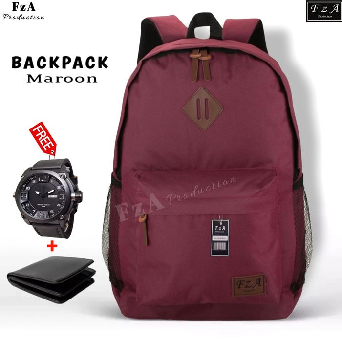 Gambar FzA Production Tas Ransel Distro Original Casual Pria Wanita A1 - Hitam dengan Water Repellent & Sekat Laptop 14 Inch - Bonus Jam Tangan & Dompet - Maroon + dari FzA Official undefined Tokopedia