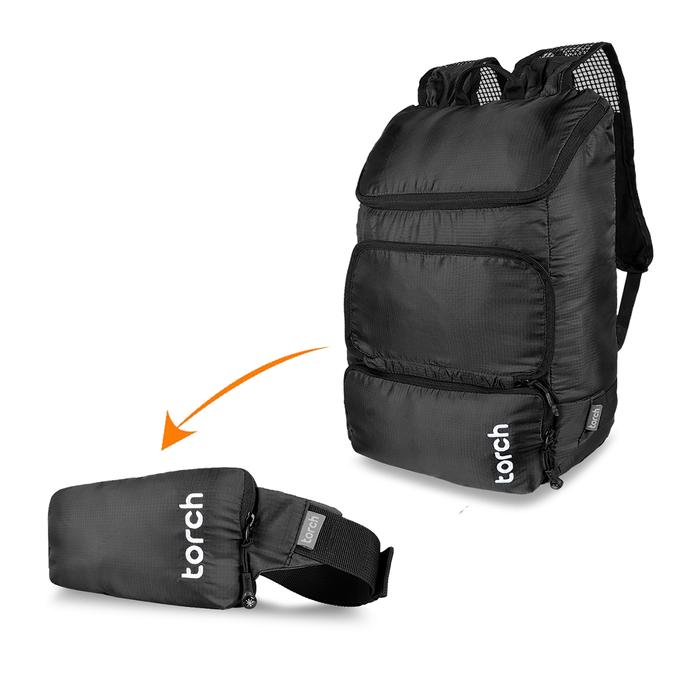 Gambar Torch Rampak Foldable Backpack 2 in 1 Tas Outdoor Waistbag Waterproof - Black dari Torch.id undefined Tokopedia