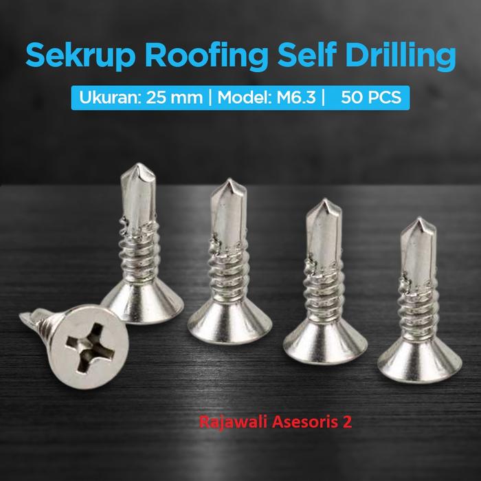 Gambar Sekrup Skrup Roofing Screw Flat Head M6.3 25 mm / 1 Inch 50 pcs SS 410 dari Rajawali Asesoris undefined Tokopedia